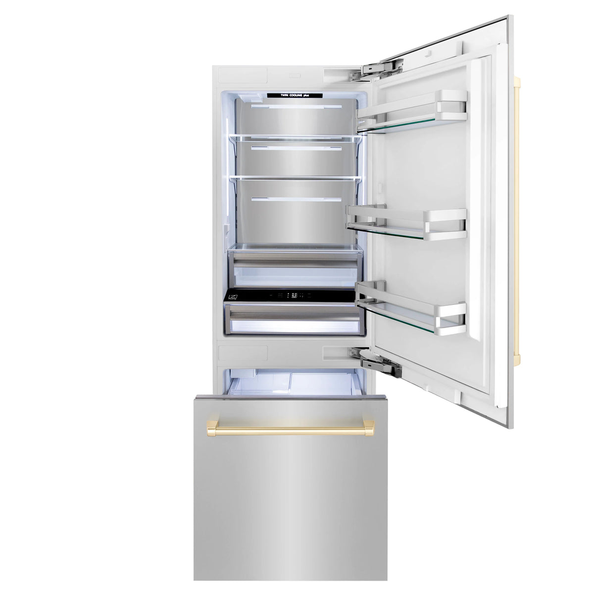 ZLINE 30” Autograph Edition 16.1 cu. ft.  2-Door Bottom Freezer Refrigerator, Internal Water, Ice Dispenser in Stainless Steel, Gold Accents