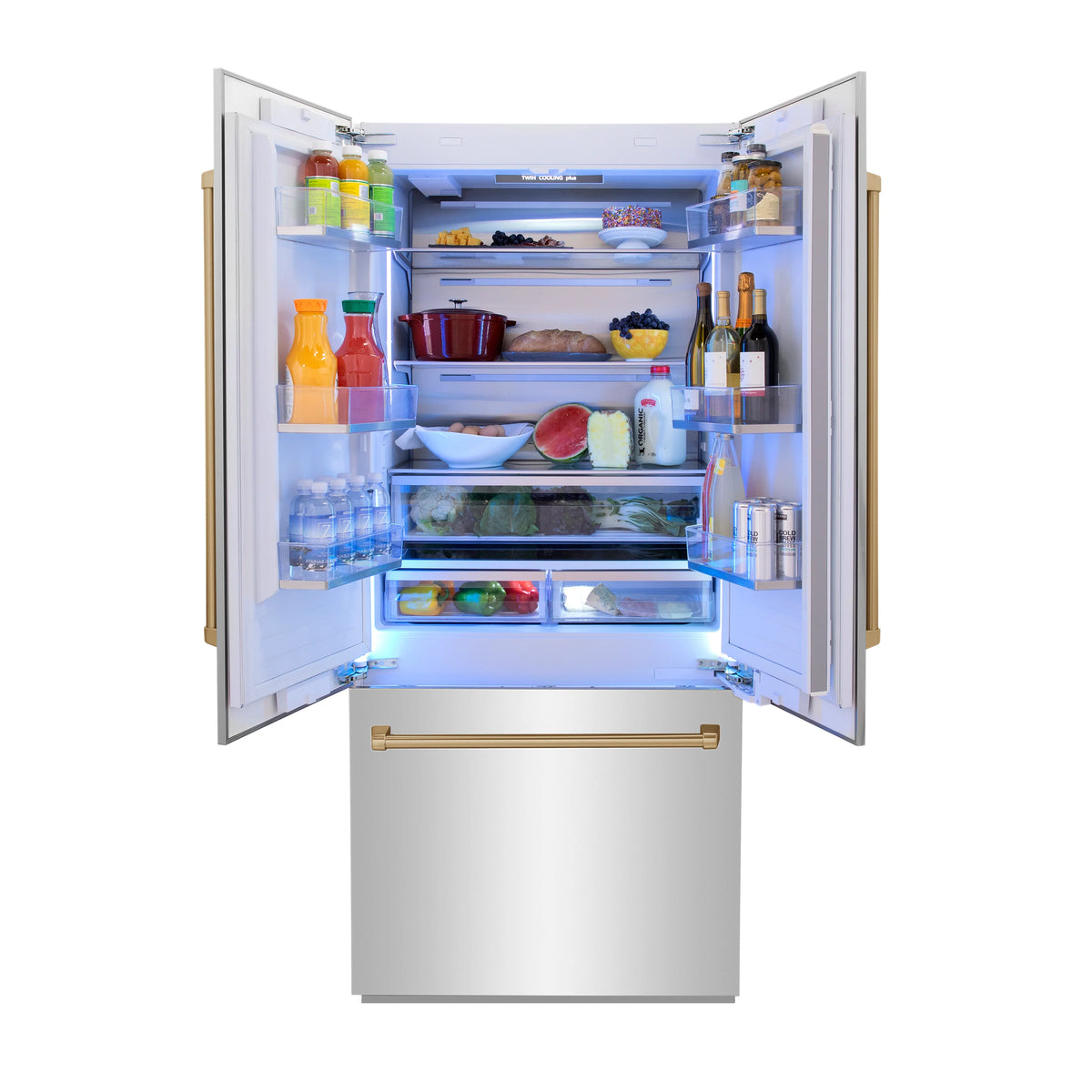 ZLINE - 36” Autograph Edition 19.6 cu. ft. 2-Door Bottom Freezer Refrigerator, Internal Water, Ice Dispenser with Champagne Bronze Accents