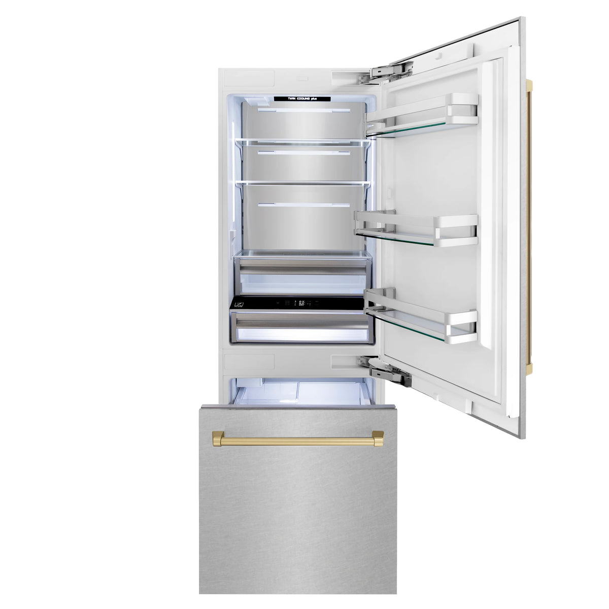 ZLINE 30&quot; Autograph Edition 16.1 cu. ft. Built-in 2-Door Bottom Freezer Refrigerator, Internal Water, Ice Dispenser in Fingerprint Resistant Stainless Steel, Champagne Bronze Accents