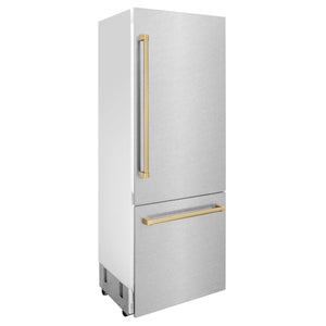 ZLINE 30" Autograph Edition 16.1 cu. ft. Built-in 2-Door Bottom Freezer Refrigerator, Internal Water, Ice Dispenser in Fingerprint Resistant Stainless Steel, Champagne Bronze Accents