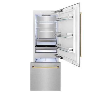 ZLINE 30" Autograph Edition 16.1 cu. ft. Built-in 2-Door Bottom Freezer Refrigerator, Internal Water, Ice Dispenser in Fingerprint Resistant Stainless Steel, Gold Accents