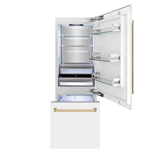 ZLINE 30" Autograph Edition 16.1 cu. ft. Built-in 2-Door Bottom Freezer Refrigerator, Internal Water, Ice Dispenser, White Matte, Gold Accents