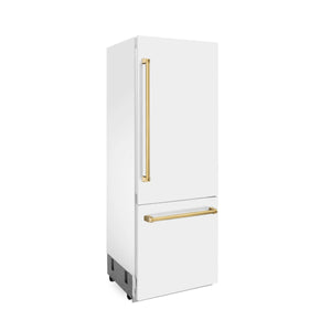 ZLINE 30" Autograph Edition 16.1 cu. ft. Built-in 2-Door Bottom Freezer Refrigerator, Internal Water, Ice Dispenser, White Matte, Gold Accents