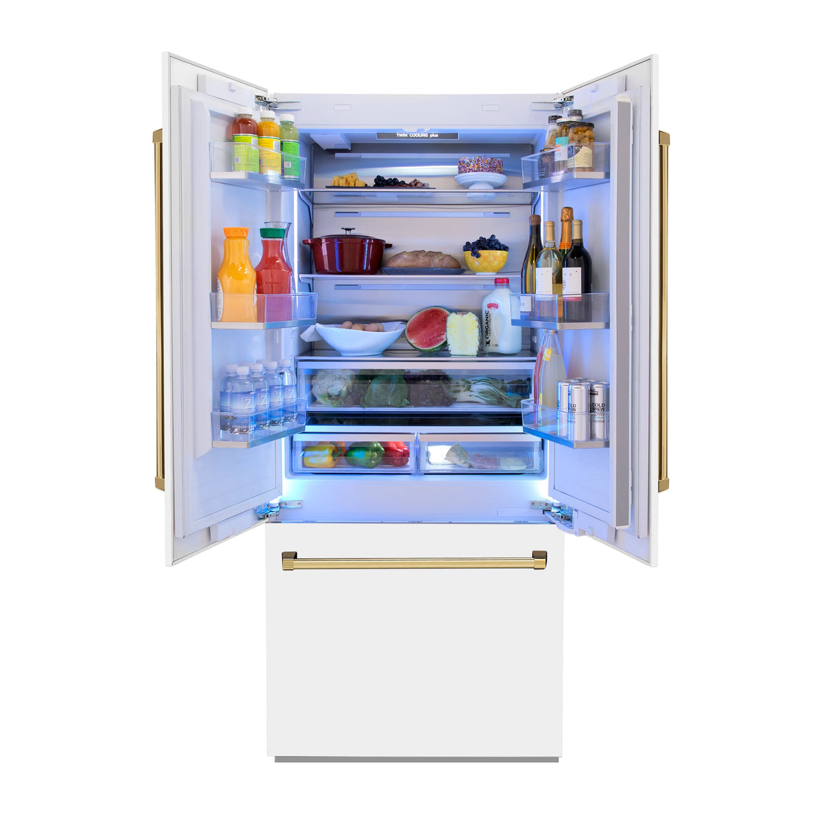 ZLINE - 36&quot; Autograph Edition 19.6 cu. ft. Built-in 3-Door French Door Refrigerator,Internal Water, Ice Dispenser, White Matte, Gold Accents