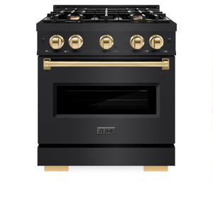 ZLINE - Autograph Edition 30 in. 4.2 cu. ft. Classic Gas Range with 4 Burner Cooktop and Convection Gas Oven in Black Stainless Steel and Polished Gold Accents
