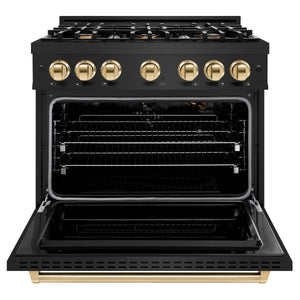 ZLINE - Autograph Edition 36 in. 5.2 cu. ft. Classic Gas Range with 6 Burner Cooktop and Convection Gas Oven in Black Stainless Steel and Polished Gold Accents