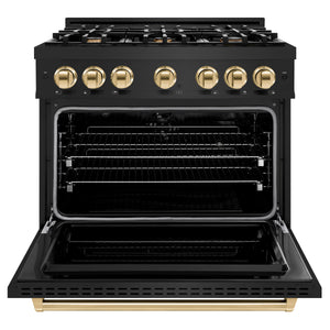 ZLINE - Autograph Edition 36 in. 5.2 cu. ft. Classic Dual Fuel Range with 6 Burner Gas Cooktop and Electric Convection Oven in Black Stainless Steel with Polished Gold Accents
