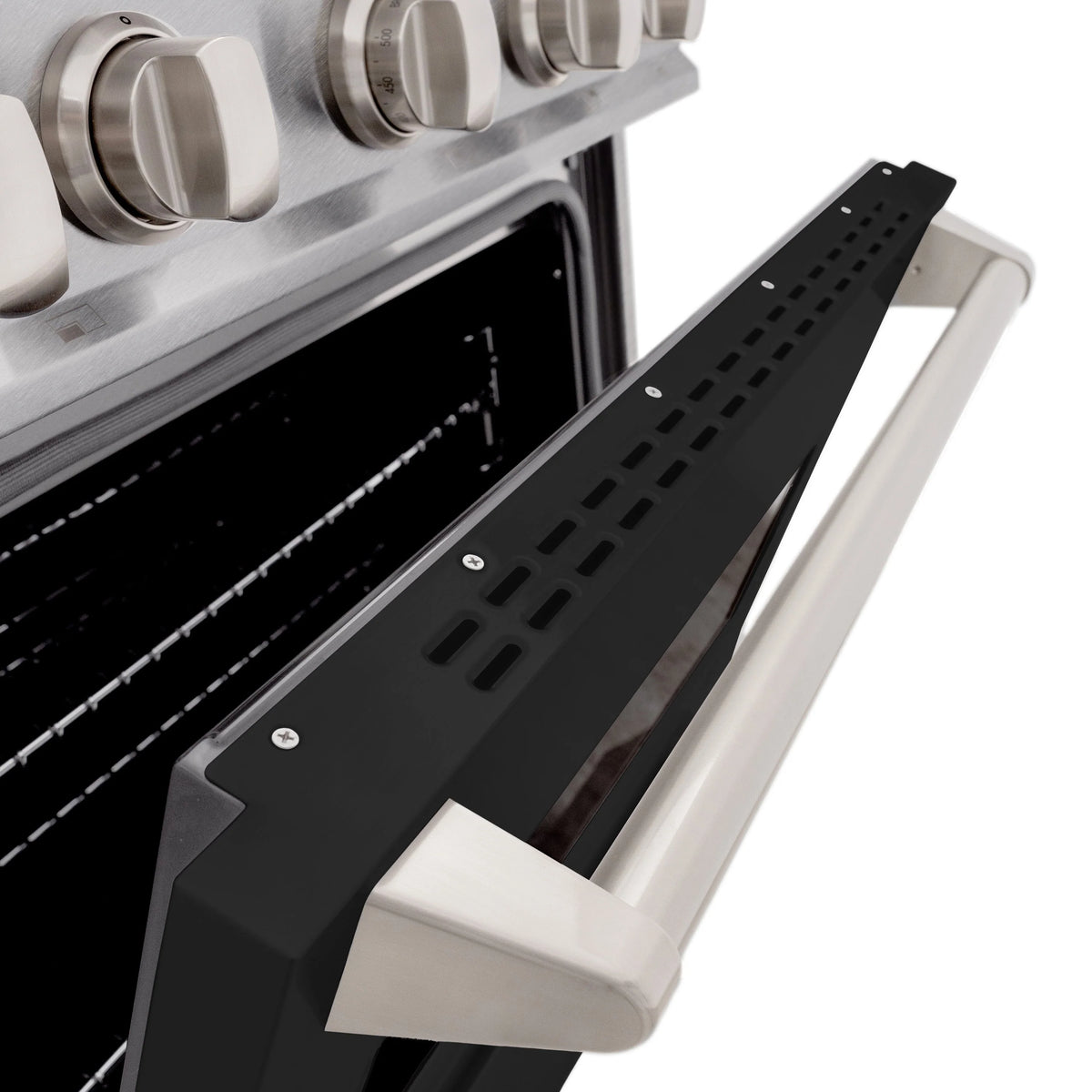 ZLINE - 30 in. 4.2 cu. ft. Classic Dual Fuel Range with 4 Burner Gas Cooktop and Electric Convection Oven in Satin Stainless Steel with Black Matte Door