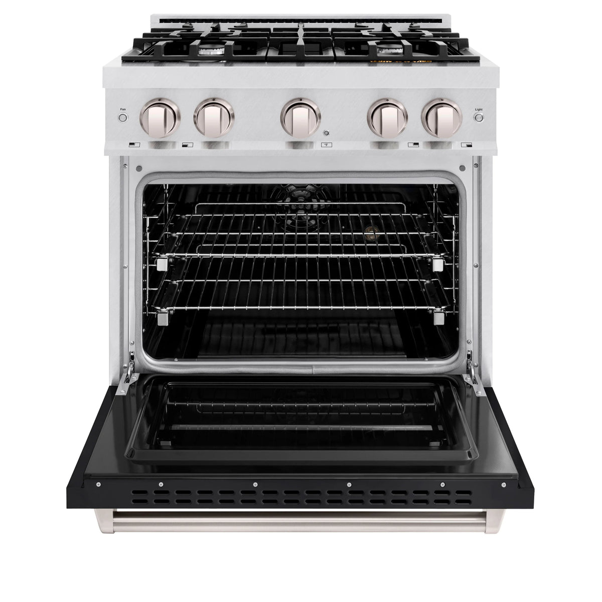 ZLINE - 30 in. 4.2 cu. ft. Classic Dual Fuel Range with 4 Burner Gas Cooktop and Electric Convection Oven in Satin Stainless Steel with Black Matte Door