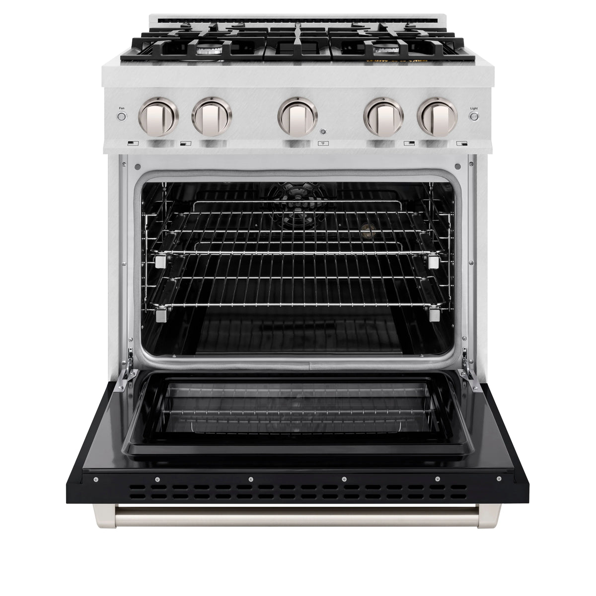 ZLINE - 30 in. 4.2 cu. ft. Select Dual Fuel Range with 4 Burner Gas Cooktop and Electric Convection Oven in Satin Stainless Steel with Black Matte Door