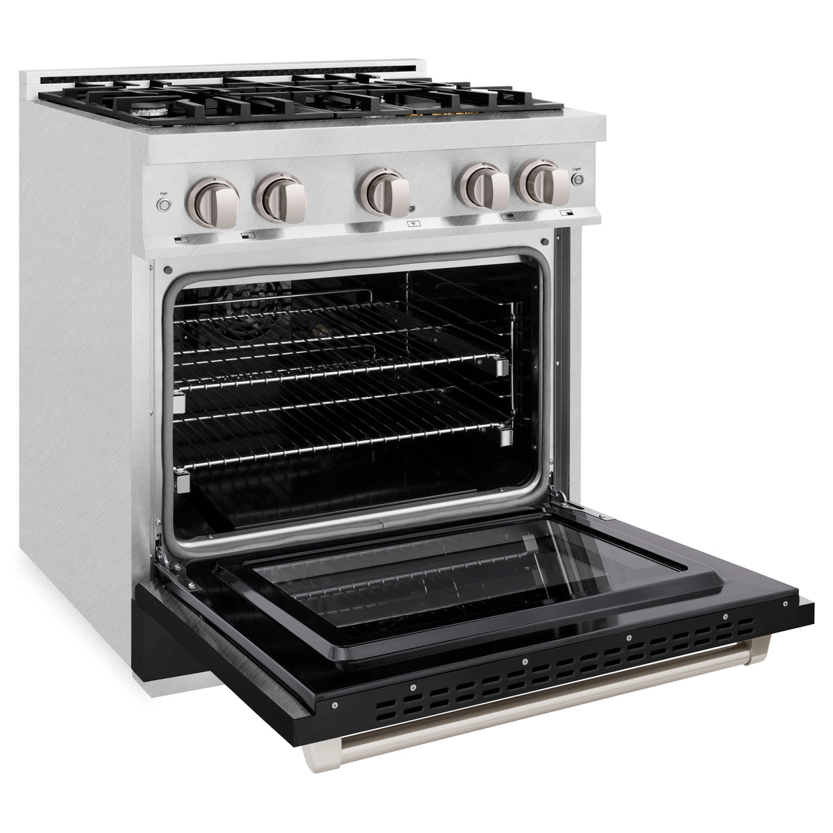 ZLINE - 30 in. 4.2 cu. ft. Select Dual Fuel Range with 4 Burner Gas Cooktop and Electric Convection Oven in Satin Stainless Steel with Black Matte Door