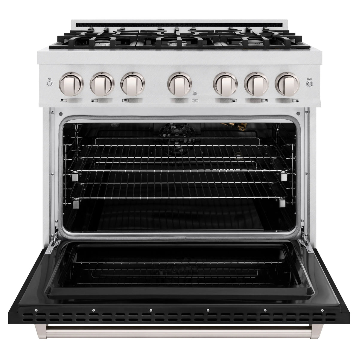 ZLINE - 36 in. 5.2 cu. ft. Classic Gas Range with 6 Burner Cooktop and Convection Gas Oven in Satin Stainless Steel with Black Matte Door