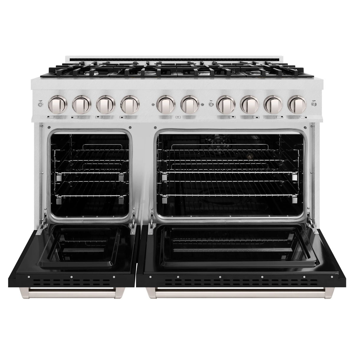 ZLINE - 48 in. 6.7 cu. ft. Classic Double Oven Dual Fuel Range with 8 Burner Gas Cooktop in Satin Stainless Steel with Black Matte Doors