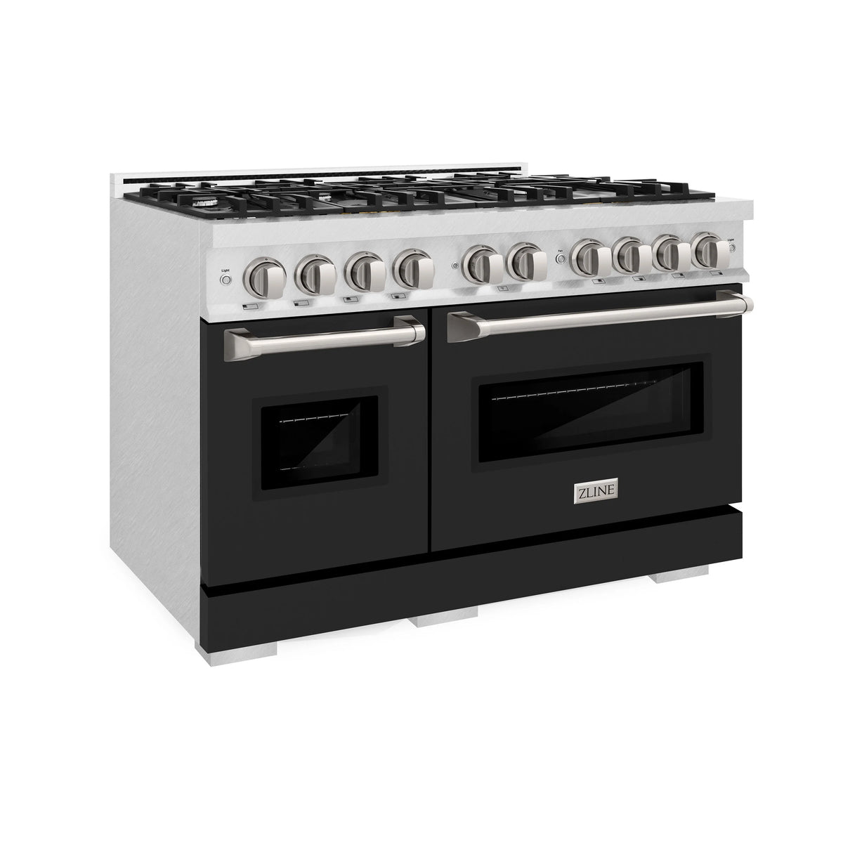 ZLINE - 48 in. 6.7 cu. ft. Classic Double Oven Dual Fuel Range with 8 Burner Gas Cooktop in Satin Stainless Steel with Black Matte Doors