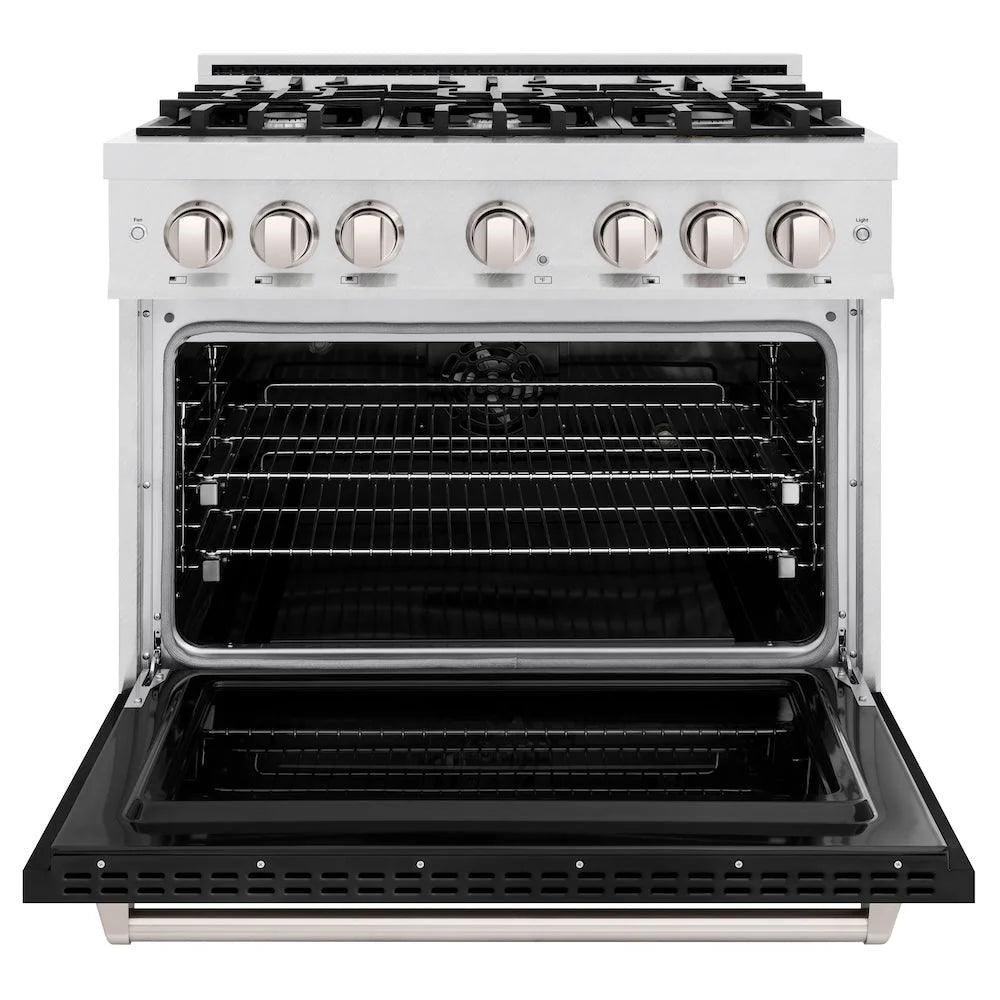 ZLINE - 36 in. 5.2 cu. ft. Classic Dual Fuel Range with 6 Burner Gas Cooktop and Electric Convection Oven in Satin Stainless Steel with Black Matte Door
