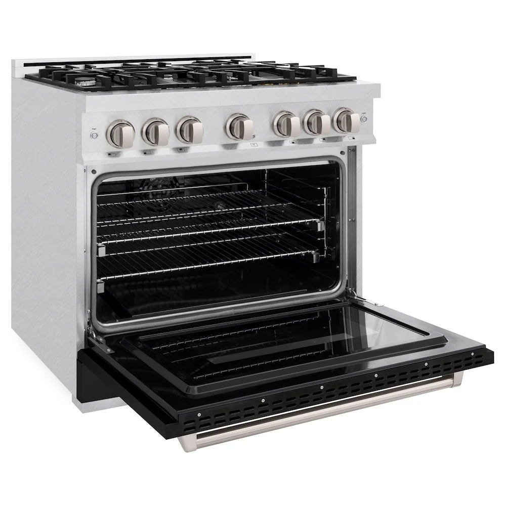ZLINE - 36 in. 5.2 cu. ft. Classic Dual Fuel Range with 6 Burner Gas Cooktop and Electric Convection Oven in Satin Stainless Steel with Black Matte Door