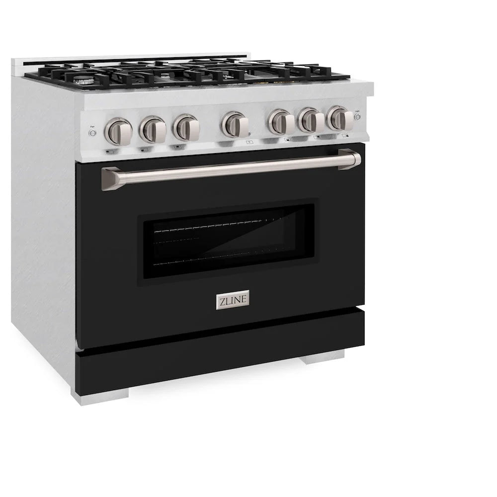 ZLINE - 36 in. 5.2 cu. ft. Classic Dual Fuel Range with 6 Burner Gas Cooktop and Electric Convection Oven in Satin Stainless Steel with Black Matte Door