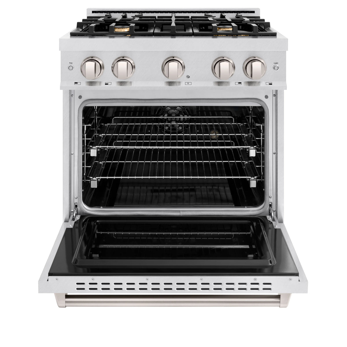 ZLINE - 30 in. 4.2 cu. ft. Classic Dual Fuel Range with Gas Cooktop and Electric Convection Oven in Satin Stainless Steel with 4 Brass Burners
