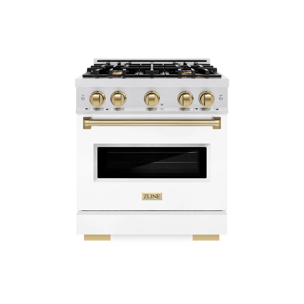 ZLINE - Autograph Edition 30 in. 4.2 cu. ft. Classic Dual Fuel Range with 4 Burner Gas Cooktop and Electric Convection Oven in Satin Stainless Steel with White Matte Door and Champagne Bronze Accents