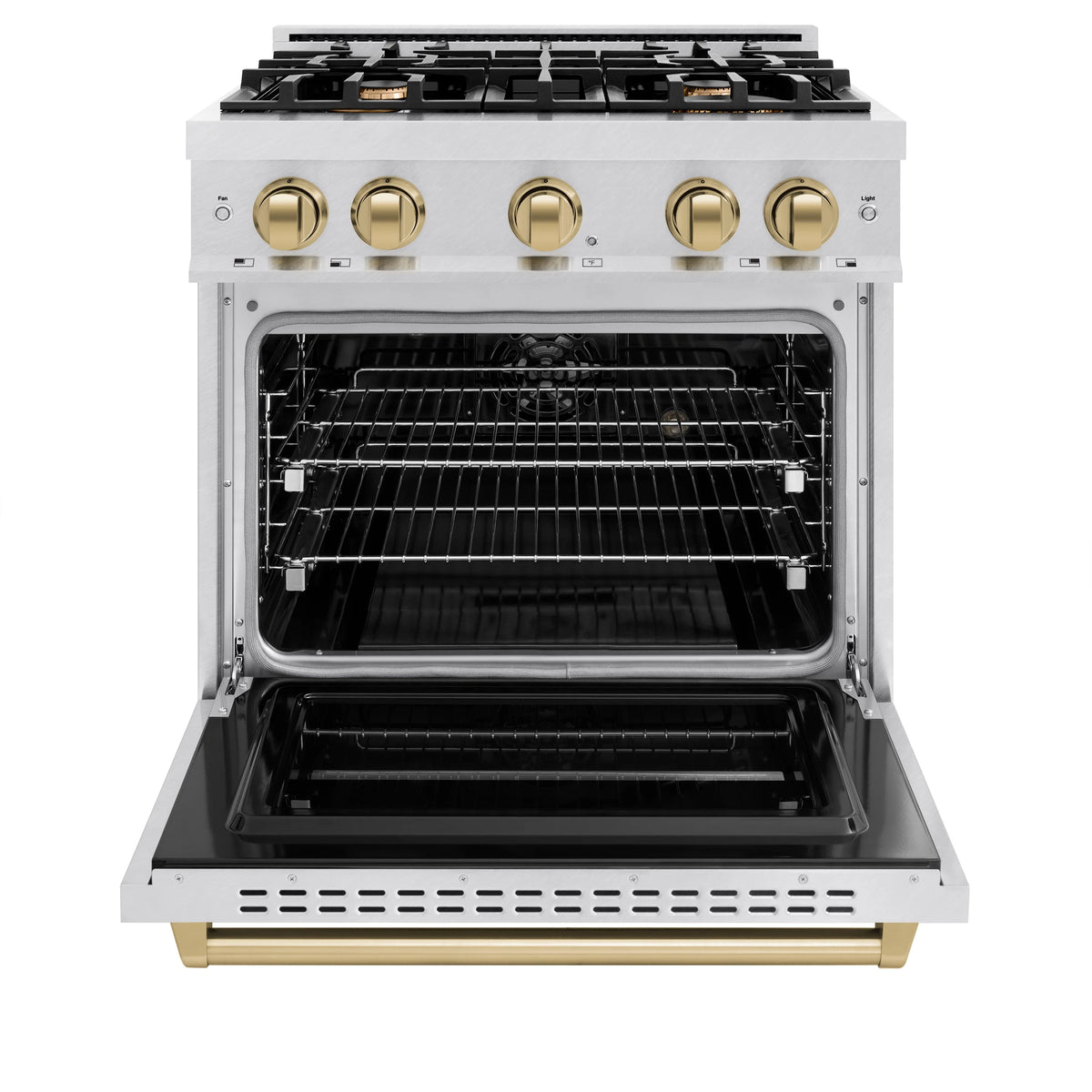 ZLINE - Autograph Edition 30 in. 4.2 cu. ft. Classic Dual Fuel Range with 4 Burner Gas Cooktop and Electric Convection Oven in Satin Stainless Steel with Champagne Bronze Accents