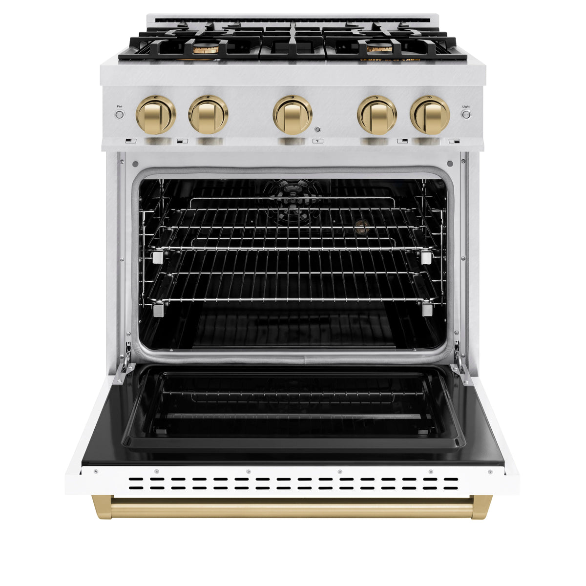 ZLINE - Autograph Edition 30 in. 4.2 cu. ft. Classic Dual Fuel Range with 4 Burner Gas Cooktop and Electric Convection Oven in Satin Stainless Steel with White Matte Door and Champagne Bronze Accents