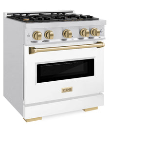 ZLINE - Autograph Edition 30 in. 4.2 cu. ft. Classic Dual Fuel Range with 4 Burner Gas Cooktop and Electric Convection Oven in Satin Stainless Steel with White Matte Door and Champagne Bronze Accents
