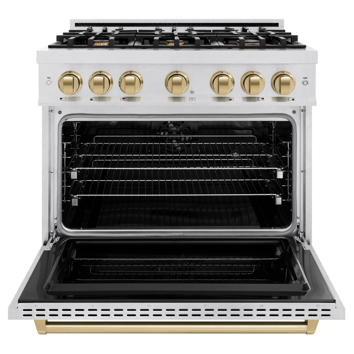 ZLINE - Autograph Edition 36 in. 5.2 cu. ft. Classic Dual Fuel Range with 6 Burner Gas Cooktop and Electric Convection Oven in Satin Stainless Steel with Champagne Bronze Accents
