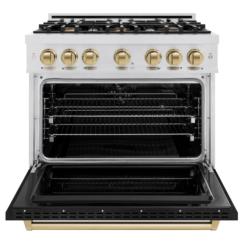 ZLINE - Autograph Edition 36 in. 5.2 cu. ft. Classic Dual Fuel Range with 6 Burner Gas Cooktop and Electric Convection Oven in Satin Stainless Steel with Black Matte Door and Champagne Bronze Accents