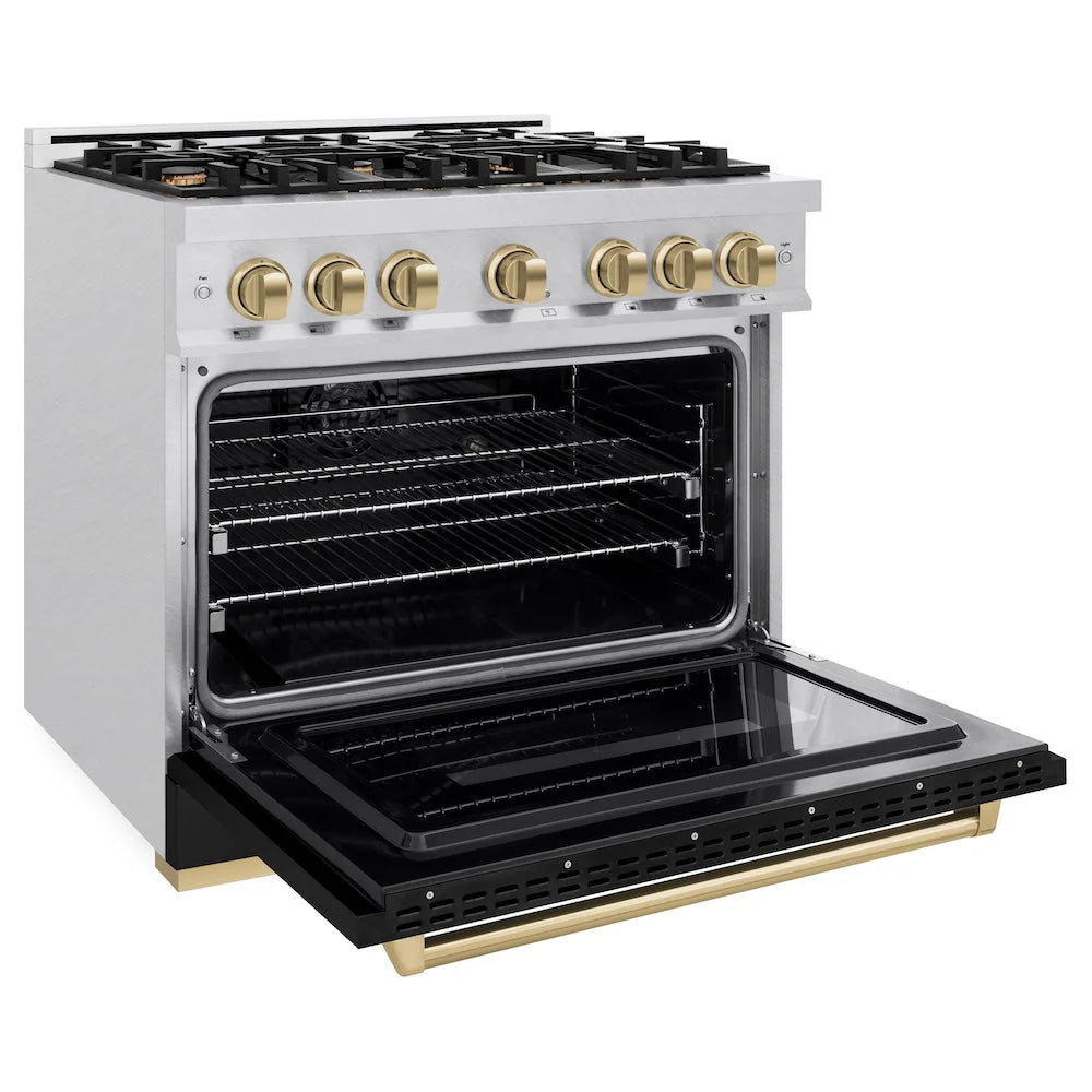 ZLINE - Autograph Edition 36 in. 5.2 cu. ft. Classic Dual Fuel Range with 6 Burner Gas Cooktop and Electric Convection Oven in Satin Stainless Steel with Black Matte Door and Champagne Bronze Accents