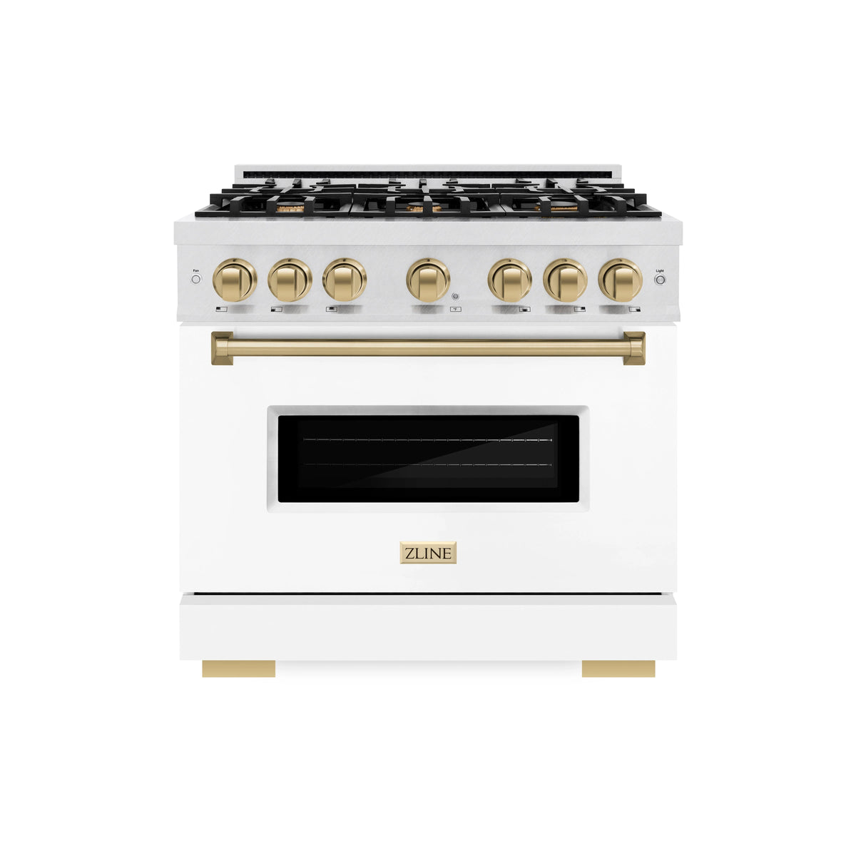 ZLINE - Autograph Edition 36 in. 5.2 cu. ft. Classic Dual Fuel Range with 6 Burner Gas Cooktop and Electric Convection Oven in Satin Stainless Steel with White Matte Door and Champagne Bronze Accents