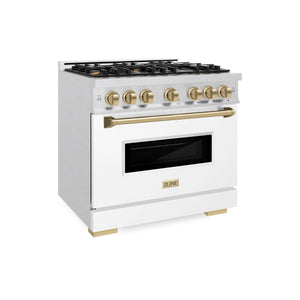 ZLINE - Autograph Edition 36 in. 5.2 cu. ft. Classic Dual Fuel Range with 6 Burner Gas Cooktop and Electric Convection Oven in Satin Stainless Steel with White Matte Door and Champagne Bronze Accents