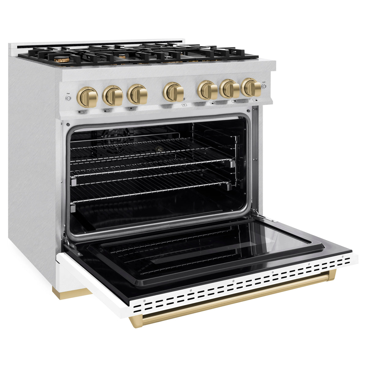 ZLINE - Autograph Edition 36 in. 5.2 cu. ft. Classic Dual Fuel Range with 6 Burner Gas Cooktop and Electric Convection Oven in Satin Stainless Steel with White Matte Door and Champagne Bronze Accents