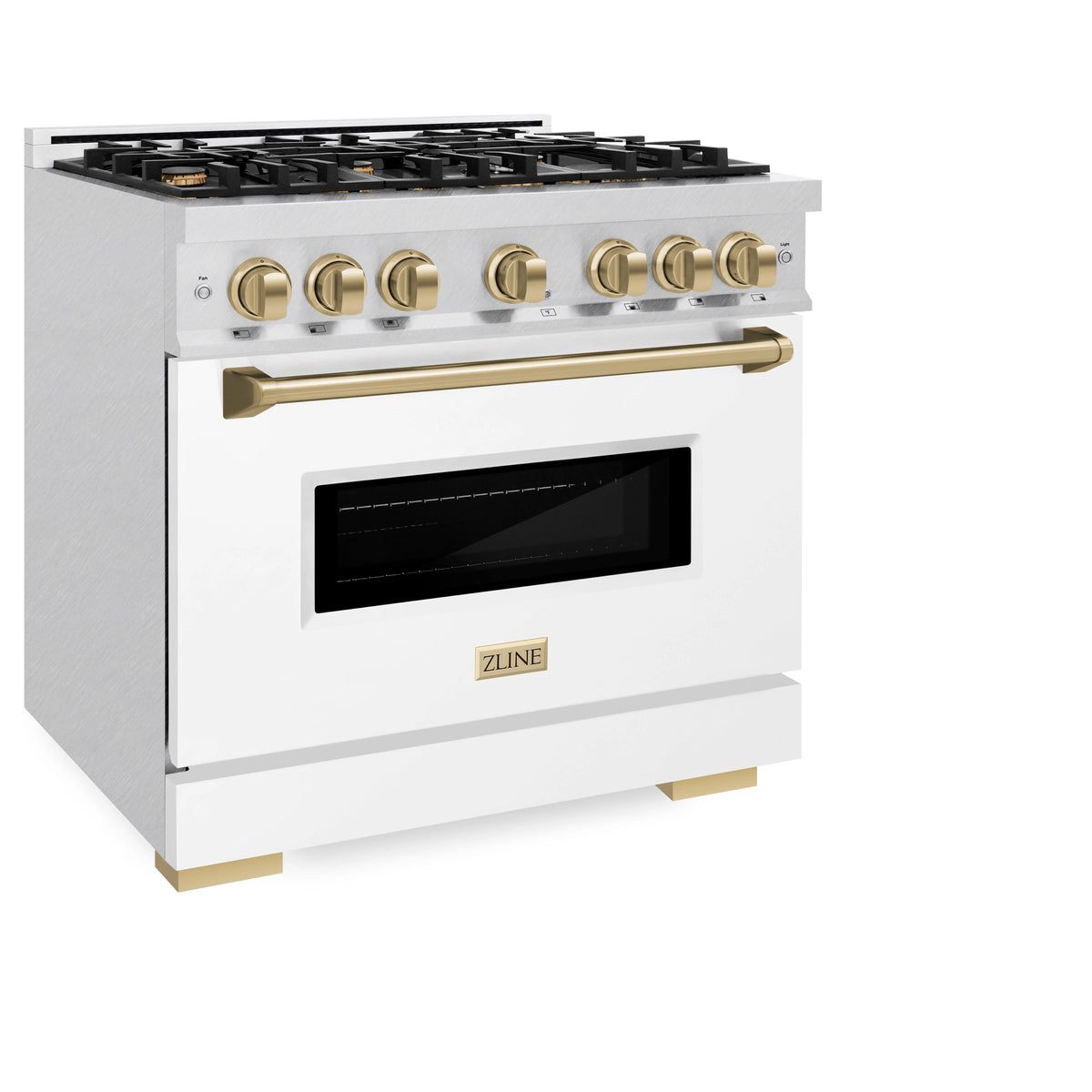 ZLINE - Autograph Edition 36 in. 5.2 cu. ft. Classic Dual Fuel Range with 6 Burner Gas Cooktop and Electric Convection Oven in Satin Stainless Steel with White Matte Door and Champagne Bronze Accents