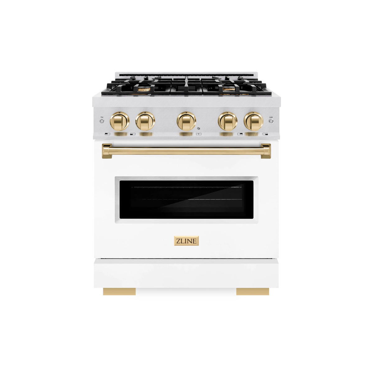ZLINE - Autograph Edition 30 in. 4.2 cu. ft. Classic Dual Fuel Range with 4 Burner Gas Cooktop and Electric Convection Oven in Satin Stainless Steel with White Matte Door and Polished Gold Accents