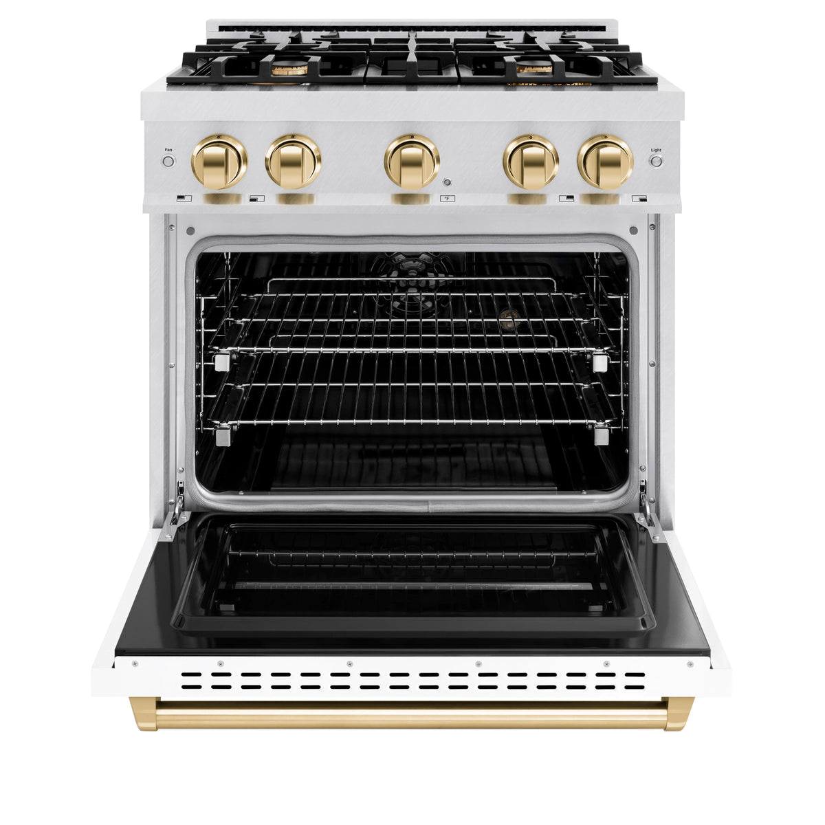 ZLINE - Autograph Edition 30 in. 4.2 cu. ft. Classic Dual Fuel Range with 4 Burner Gas Cooktop and Electric Convection Oven in Satin Stainless Steel with White Matte Door and Polished Gold Accents