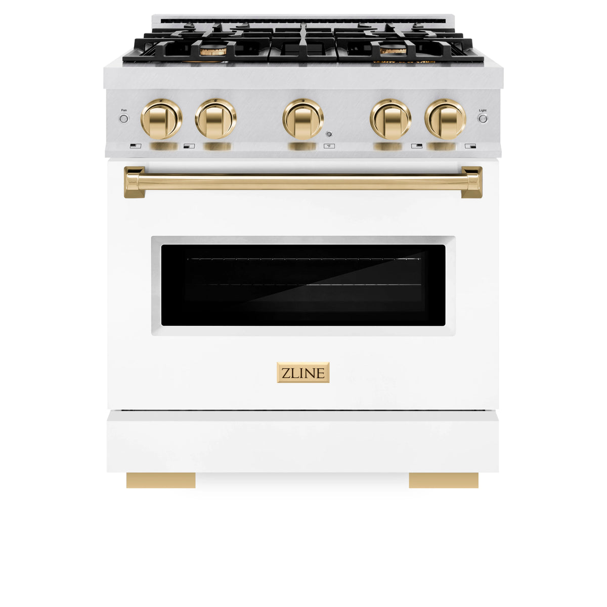ZLINE - Autograph Edition 30 in. 4.2 cu. ft. Classic Dual Fuel Range with 4 Burner Gas Cooktop and Electric Convection Oven in Satin Stainless Steel with White Matte Door and Polished Gold Accents