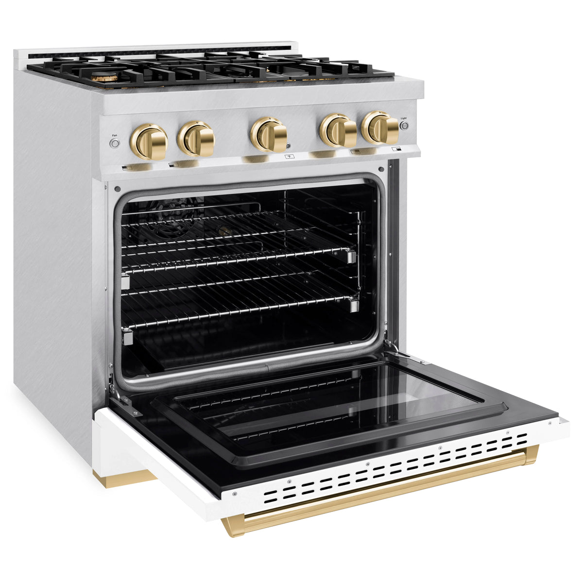 ZLINE - Autograph Edition 30 in. 4.2 cu. ft. Classic Dual Fuel Range with 4 Burner Gas Cooktop and Electric Convection Oven in Satin Stainless Steel with White Matte Door and Polished Gold Accents