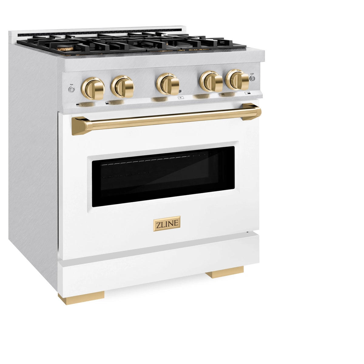 ZLINE - Autograph Edition 30 in. 4.2 cu. ft. Classic Dual Fuel Range with 4 Burner Gas Cooktop and Electric Convection Oven in Satin Stainless Steel with White Matte Door and Polished Gold Accents