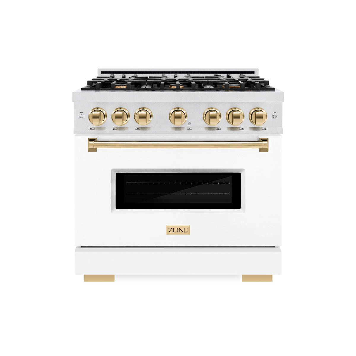 ZLINE - Autograph Edition 36 in. 5.2 cu. ft. Classic Dual Fuel Range with 6 Burner Gas Cooktop and Electric Convection Oven in Satin Stainless Steel with White Matte Door and Polished Gold Accents