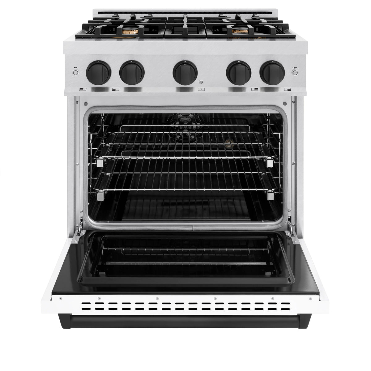 ZLINE - Autograph Edition 30 in. 4.2 cu. ft. Classic Dual Fuel Range with 4 Burner Gas Cooktop and Electric Convection Oven in Satin Stainless Steel with White Matte Door and Matte Black Accents