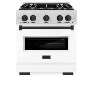 ZLINE - Autograph Edition 30 in. 4.2 cu. ft. Classic Dual Fuel Range with 4 Burner Gas Cooktop and Electric Convection Oven in Satin Stainless Steel with White Matte Door and Matte Black Accents
