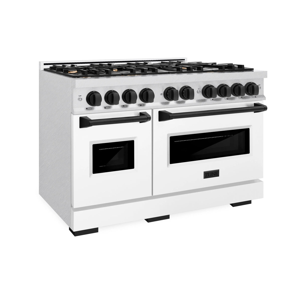 ZLINE - Autograph Edition 48 in. 6.7 cu. ft. Classic Double Oven Dual Fuel Range with 8 Burner Gas Cooktop in Satin Stainless Steel with White Matte Doors and Matte Black Accents