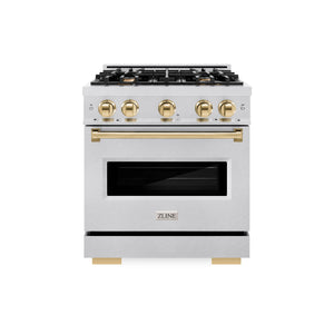 ZLINE - Autograph Edition 30 in. 4.2 cu. ft. Classic Dual Fuel Range with 4 Burner Gas Cooktop and Electric Convection Oven in Satin Stainless Steel with Polished Gold Accents