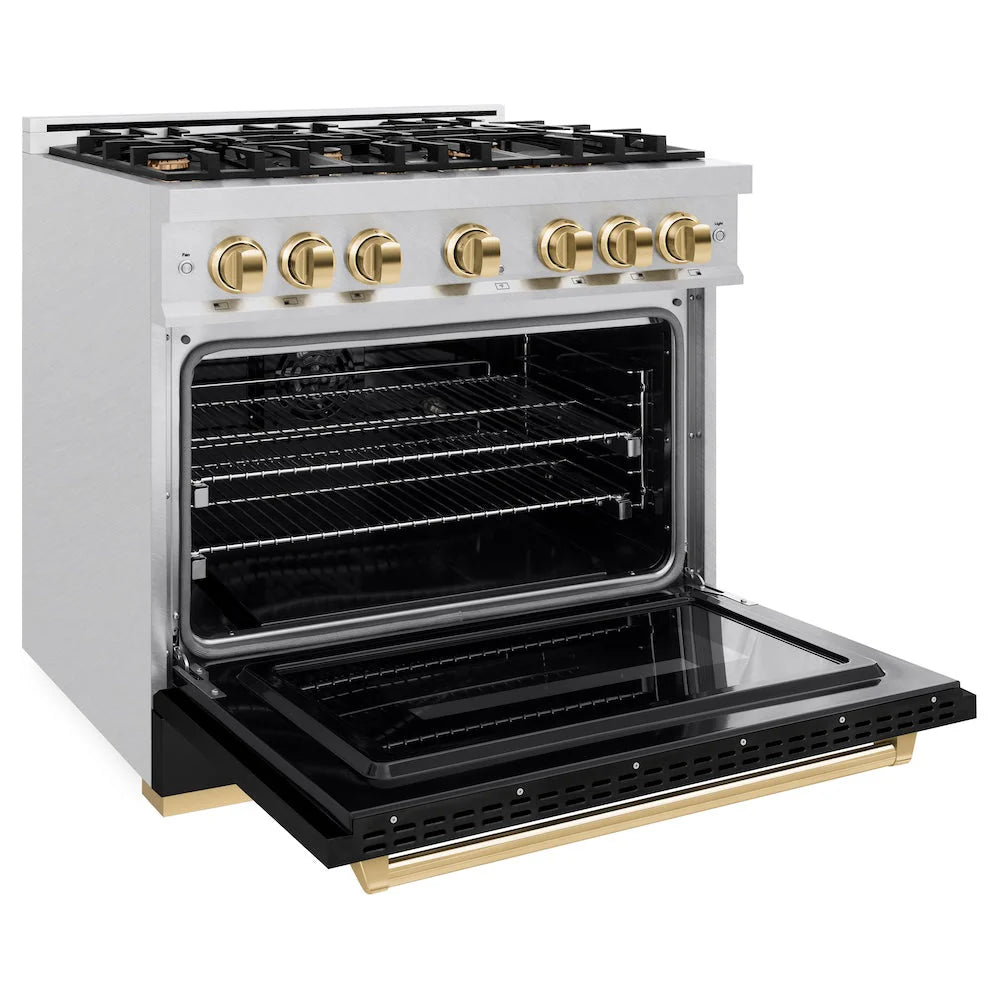 ZLINE - Autograph Edition 36 in. 5.2 cu. ft. Classic Dual Fuel Range with 6 Burner Gas Cooktop and Electric Convection Oven in Satin Stainless Steel with Black Matte Door and Polished Gold Accents