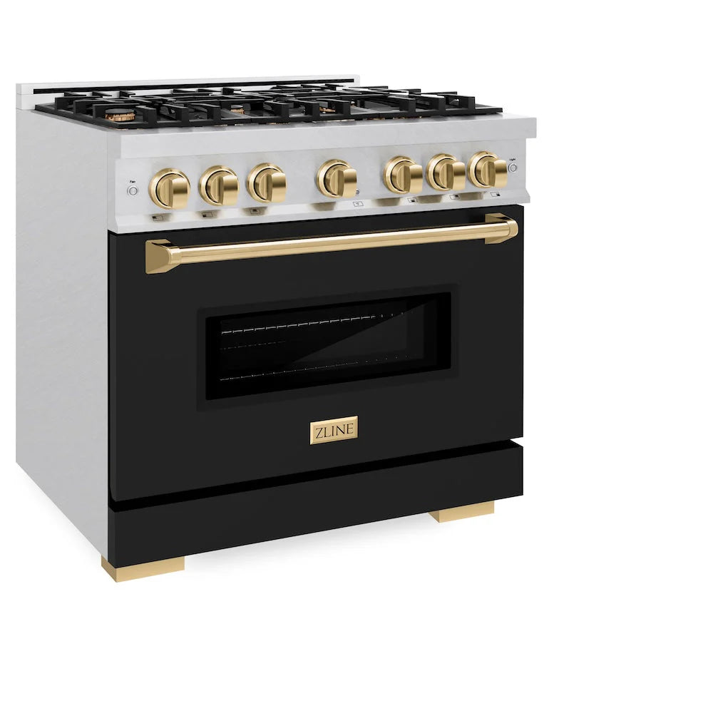 ZLINE - Autograph Edition 36 in. 5.2 cu. ft. Classic Dual Fuel Range with 6 Burner Gas Cooktop and Electric Convection Oven in Satin Stainless Steel with Black Matte Door and Polished Gold Accents