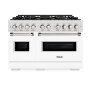 ZLINE - 48 in. 6.7 cu. ft. Classic Double Oven Dual Fuel Range with 8 Burner Gas Cooktop in Satin Stainless Steel with White Matte Doors