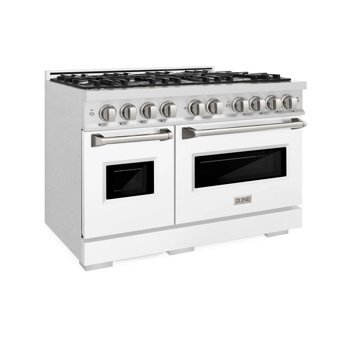 ZLINE - 48 in. 6.7 cu. ft. Classic Double Oven Dual Fuel Range with 8 Burner Gas Cooktop in Satin Stainless Steel with White Matte Doors