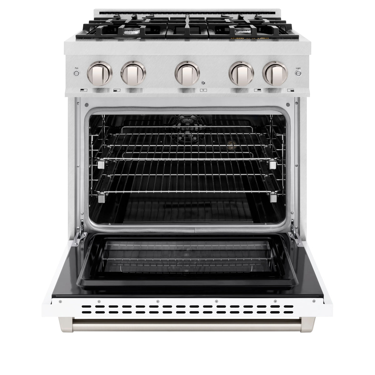 ZLINE - 30 in. 4.2 cu. ft. Select Dual Fuel Range with 4 Burner Gas Cooktop and Electric Convection Oven in Satin Stainless Steel with White Matte Door