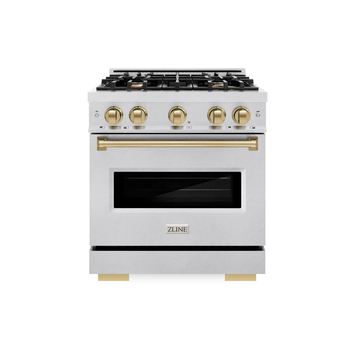 ZLINE - Autograph Edition 30 in. 4.2 cu. ft. Classic Gas Range with 4 Burner Cooktop and Convection Gas Oven in Satin Stainless Steel and Champagne Bronze Accents