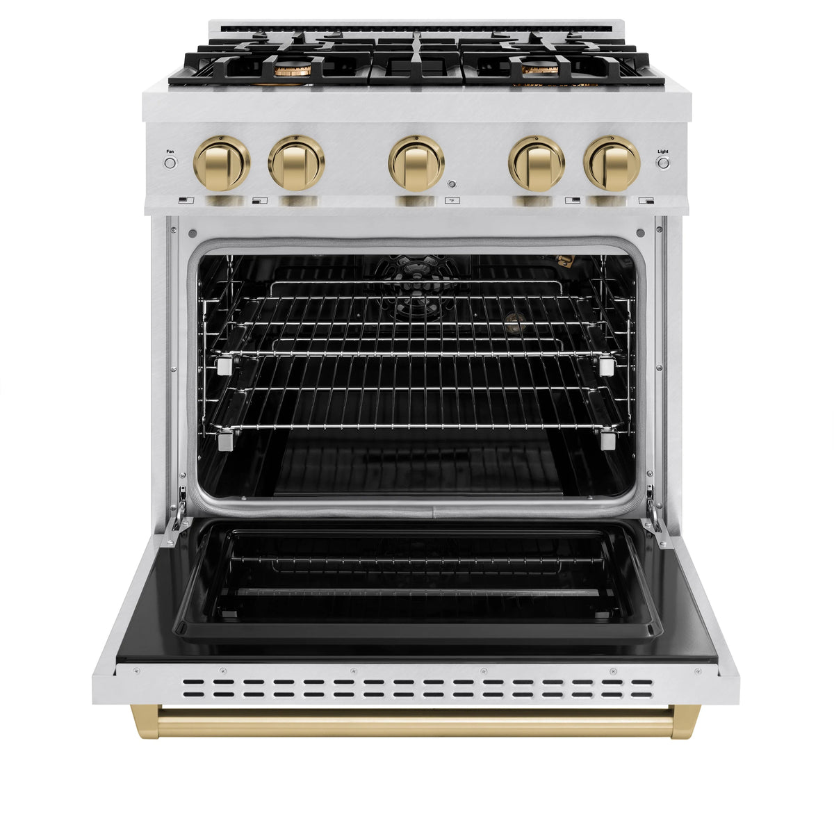ZLINE - Autograph Edition 30 in. 4.2 cu. ft. Classic Gas Range with 4 Burner Cooktop and Convection Gas Oven in Satin Stainless Steel and Champagne Bronze Accents